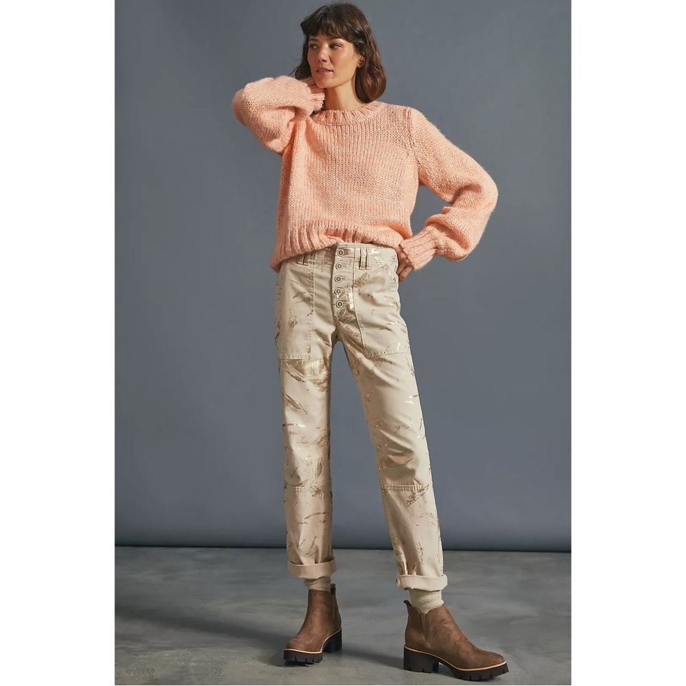 Anthropologie The Wanderer Utility Pants Khaki‎ Beige Gold Metallic Brushstroke